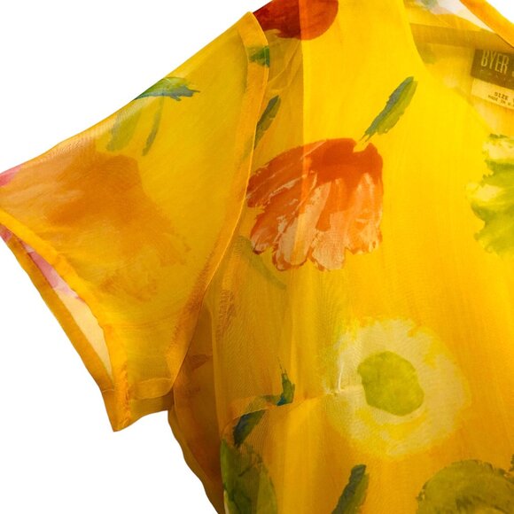 Vtg Byer Studio Women's Sheer Dress Size 14 Floral Print Yellow 3-Tiered Hem - Picture 5 of 12